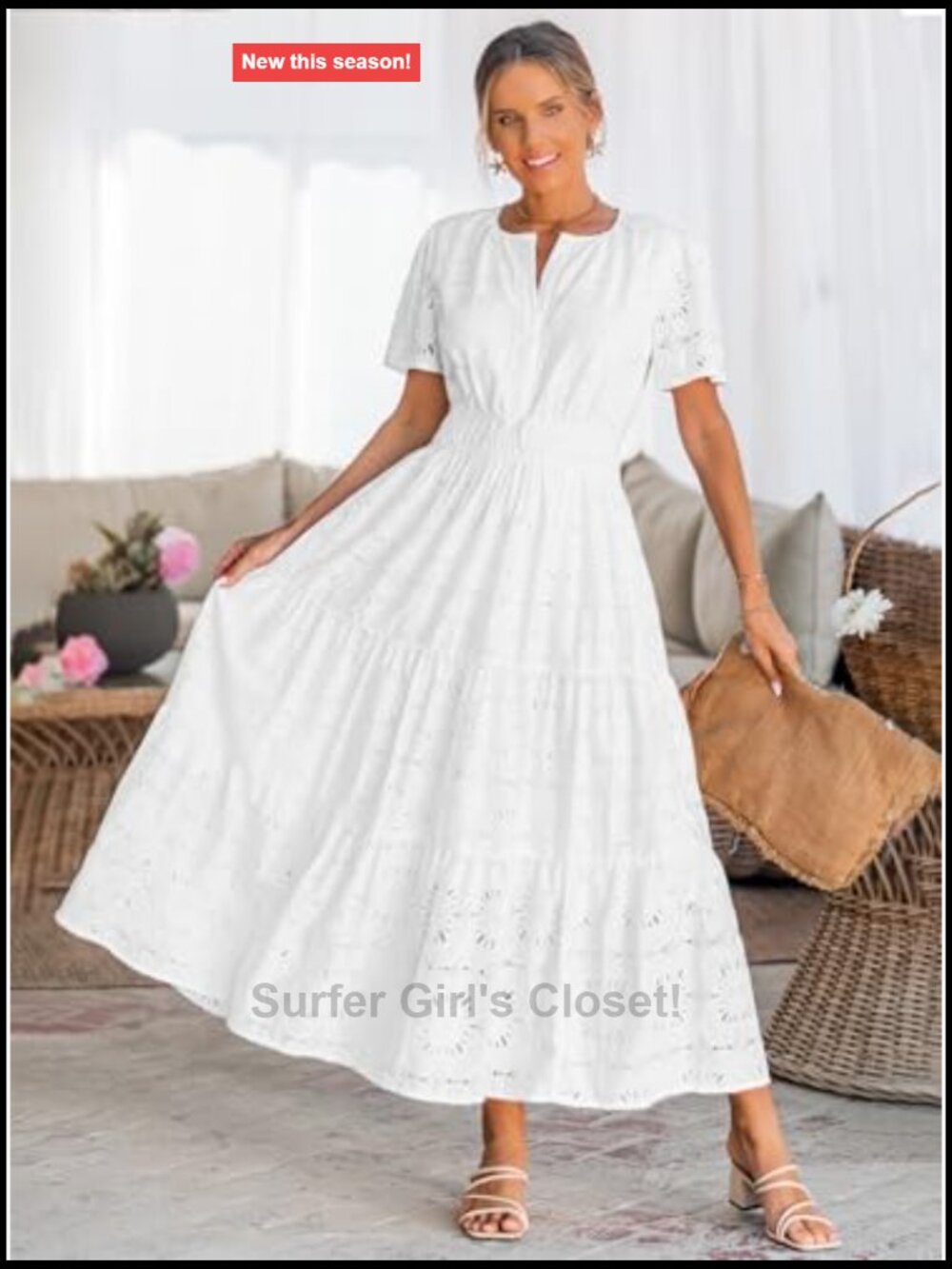 Flowy Eyelet Lace Maxi Dress Women Boho Casual Short Sleeve - Picture 2 of 7